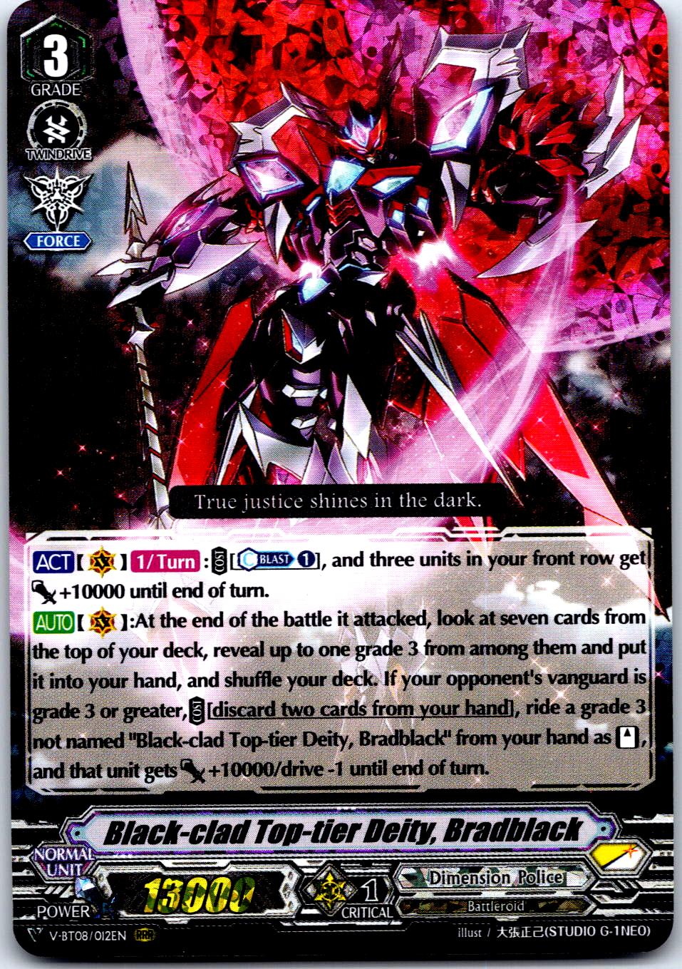 BLACK-CLAD TOP-TIER DEITY, BRADBLACK V-BT08/012EN RRR CARDFIGHT!! VANGUARD MP
